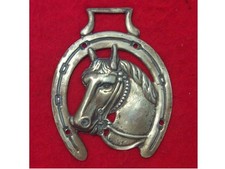 Large Antique Stamped Horse Brass of a Horse's Head in Horseshoe Surround #OB30