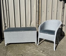 Vintage Refurbished Lloyd Loom ‘Lusty’ Woven Chair And Ottoman Set Blue 1950s