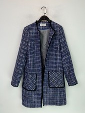 Helene Berman Blue Check Pattern Wool Blend Coat Collarless Open Front UK 14