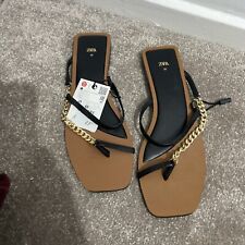 zara flat sandals size 5 black and gold
