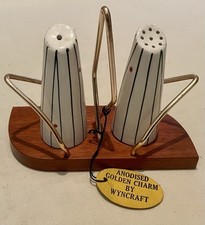 Mid Century Modern Wyncraft Salt & Pepper Shaker Set With Teak Base