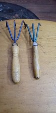 Vintage wooden handle & metal Hand Rakes x 2  / Vintage Gardening hand forks x2