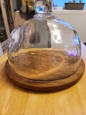 Vintage 1980's Dartington Ripple Glass Cheese Dome With Wood Base
