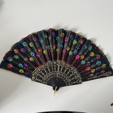 Black Slab Fabric Hand Fan with Peacock Pattern Sequin Style