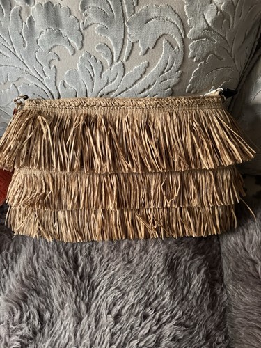 Beige woven straw fringed - beige,