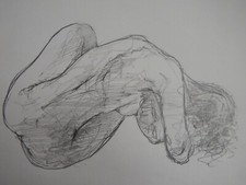 Original pencil life drawing study of a seated female nude leaning over