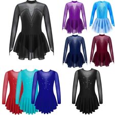 UK Girls Kids Classic Figure Skating Dress Mesh Splice Ice Gymnastics Dancewear 