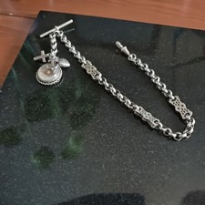 White Metal Albert Chain With 3 Silver Charms Working Compass 14" Length 29g.