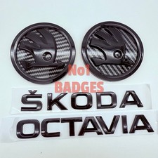 Octavia VRS Black & Carbon Fibre Style Gloss Bonnet & Boot Badge Set Fits Skoda