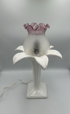 Vintage White Lily Table Lamp - Pink Glass Shade Floral Ceramic Side Light