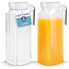 HEFTMAN Glass Jug 1 Litre 2 Pack Fridge Water Ribbed Vented Lid Hot Pitcher Milk