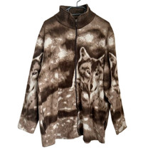 Vintage Wolf Print Fleece Size UK 22 Women's Jacket Brown Full Zip