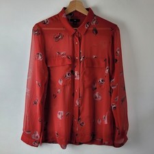 Gap Women Size M Red Floral Print Sheer Classic Fit Shirt Blouse Casual Smart