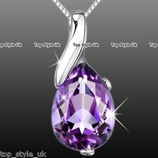 925 Sterling Silver Love Purple Amethyst Teardrop Pendant Necklace Jewelry Gift