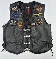 TUZO Ladies Black Biker Waistcoat Vest Women’s Size 16 with Patches White Tiger