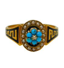 Victorian 18ct Gold, Black Enamel, Turquoise & Pearl Mourning Ring Antique 1889