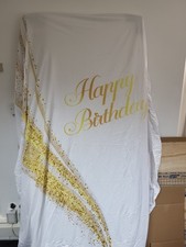 Round “Happy Birthday” Fabric Backdrop Cover – Gold & White – No Frame Included
