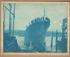 Launch of HMS Cordelia at Pembroke dock, Wales. Rare 1914 cyanotype photograph