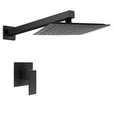 Matte Black 10" Rainfall Shower Over Head 400mm Brass Wall Arm Set Mixer Valve 