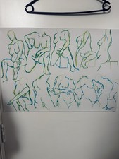 ORIGINAL Life Drawing Sketches, Nude Female Model Art, Green Pen Double Sided