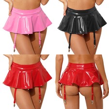 Womens Miniskirt PVC Clubwear Shiny Skirts Faux Leather Suspender Novelty Rave