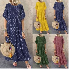 Womens Sundress Short Sleeve Long Dress Ladies Polka Dot Baggy Kaftan Maxi Dress