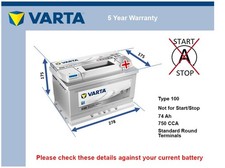 Car Battery E38 Varta 100 750A 74Ah 5Yr Warranty 278x175x175 Silver Dynamic