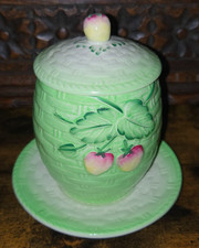 Beswick Pottery Preserve Pot Green Red Weave Pattern & Cherries Made In England