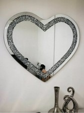 Large Love Heart Shaped Wall Mirror Sparkly Silver Diamond Crushed Crystal 80x70
