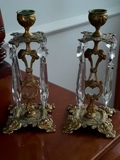 Antique Gilt Brass Candlesticks With Glass Lustres Droplets. Mid Victorian Rare