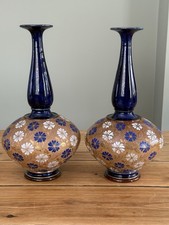 Pair Doulton Slater's Blue White Gold Floral & Cobalt Vases #7831 Signed
