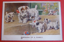 Old FLORENCE VALTER Animal Art postcard DOG PUPPIES DOGS BRINGING UP A FAMILY