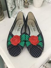 BNWOB French Sole By Jane Winkworth Blue Polka Dot Shoes With Rose Detail,