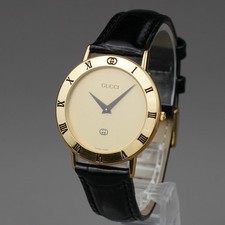GUCCI Men's Watch 3000M Gold 33mm Vintage New Battery New Leather Band Original