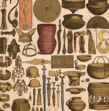 GALLO ROMAN  - Artifacts Jewelry Dishes Tools Celtic 1884 Antique Print w Video