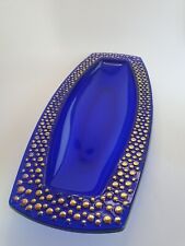 1960s Mid Century Large Walther Cobalt Blue Glass Dish Gold Stud Hobnail Detail 