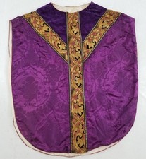 Antique 19thC French Silk Brocade Orphrey Trim Church Chasuble 105x91cms