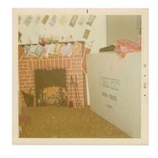 Vintage Snapshot Photo 1969 Christmas Cardboard Fireplace Cat Mini Bike Box