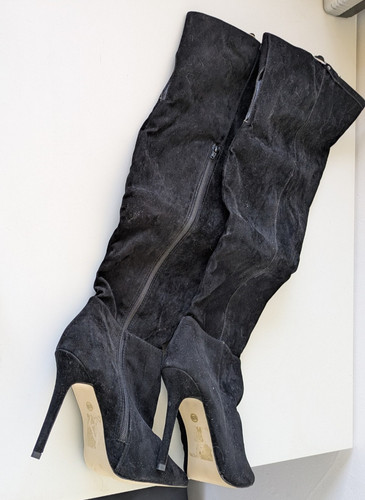 Black fabric high heel - heel, thigh