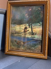 Vintage Framed Dufex Foil Art Print Pheasants Woodland Autumn Rustic Countrycore