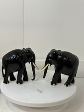 Pair Of Black Wooden Hand Carved Elephants A/F