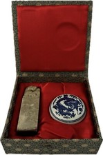 Vintage Chinese Marble Foo Dog Stamp Seal With Ceramic Pot Red Ink Wax In Box