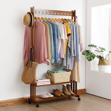 Rustic Heavy Duty Wooden Clothes Rail Rack Rolling Garment Shoes Shelf Top Hooks