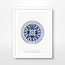 COMPASS ILLUSTRATION SEASIDE NAUTICAL ART PRINT Blue Home Decor Wall Picture