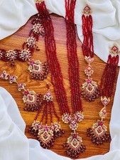 Pakistani Indian Ethnic Desi Gold Choker & Mala Necklace Set in Red Beads Stones