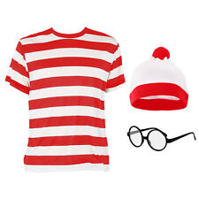 FIND ME WALLY BOOK CHARACTER COSTUME ADULTS WORLD BOOK DAY SHIRT HAT GLASSES