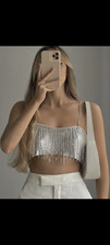 ZARA crop top sequin silver rhinestone S M with fringes and rhinestones