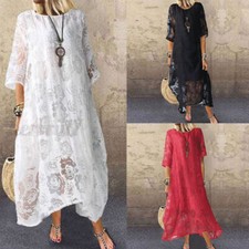 Womens Long Dress O Neck Casual Loose 3/4 Sleeve Kaftan Vintage Lace