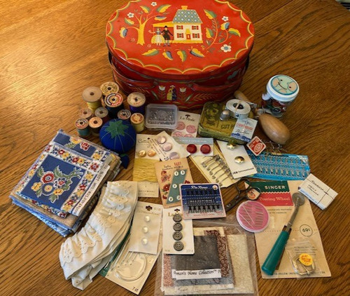 Mcm sewing basket lot - sewing, red