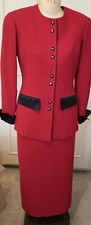 Beautiful Elegant Classic Designer Suit in Red Trimmed with Black Satin Size 10